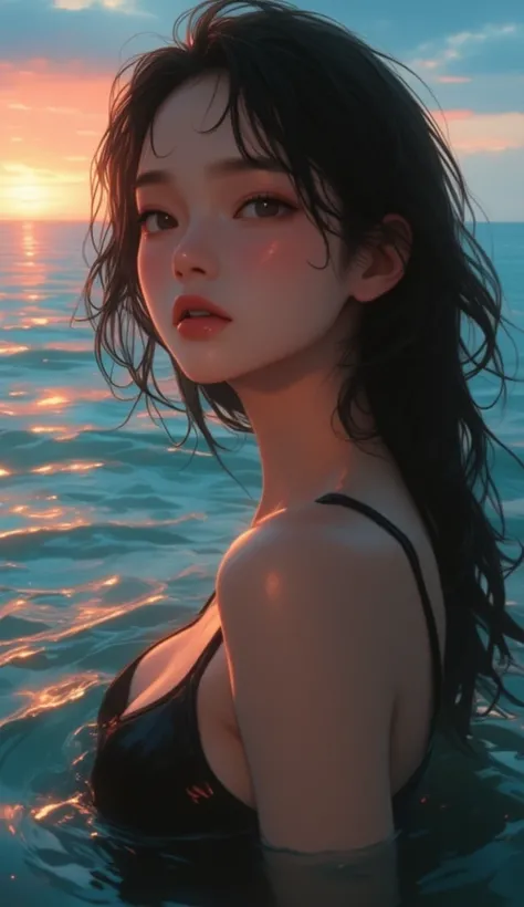  age girl in sexual tension, in the water at the beach, sky, red lips, side view, dramatic light