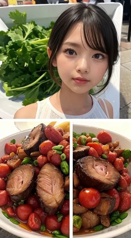   Top Quality  ,   Masterpiece  , 8k,   Ultra Fine, (  photorealistic : 1.4),   1 girl,    beautiful faces ,  vegetables、meat、、beans、serial、   symmetrical eyes   , big,   perfect body proportions ,Market uniform ,  viewers&#39;sight, (In-flight: 1.2),  fro...