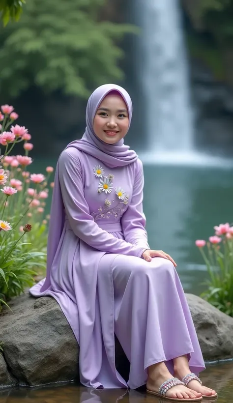 A very beautiful Asian woman, hijab, smile adorable, looking at viewers,  wearing a pastel purple dress with floral motifs, sandals with beautiful beads, sitting on a rock in a flower garden, cool waterfall in the background, long shot, 16k UHD. 