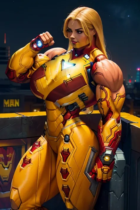 ((Close-up)), tall, (yellow hair), beautiful muscular latino woman, long hair, brown skinned, closed smile, large breast, (black lipstick), (massive muscles), (hyper muscle), ((ginormous bulky muscles)), gray eyes, (((sleeveless yellow iron man suit with i...