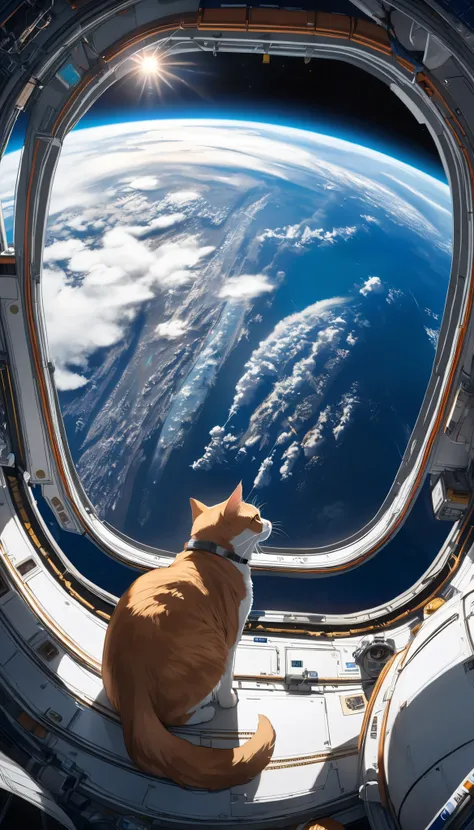 (Masterpiece, best quality:1.3, beautiful super detailed, ultra high resolution, multi color), a woman traveling with a cat, Dramatic composition, BREAK deep storyting, artistic picture diary, BREAK ((Look at the beautiful earth together from the space sta...