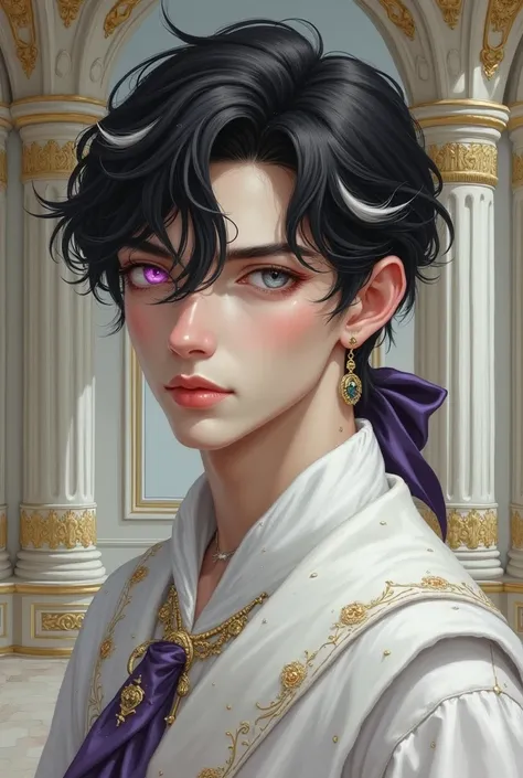  Create a painting of a young man who has black hair with white highlights,  bow, tied with a small purple silk bow,  a few loose locks framed your slightly pale face, your eyes are each one of a color,  the right eye is light pink, while the left one look...