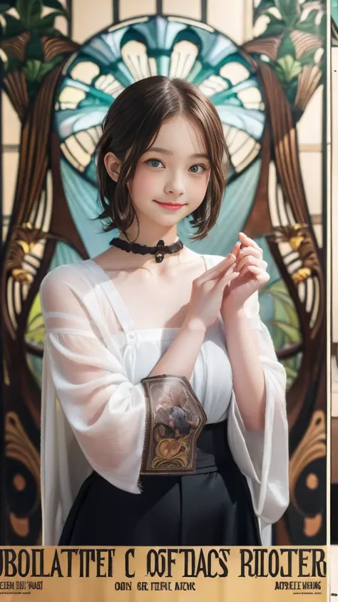 Emma Myers,  absurd,  best quality , 1 girl, Alone, Black and brown hair,  choker, ( art nouveau style poster:1.25),  ( magazine cover ),  watch viewers , Intense Perspectives , Playing with the camera,  seductive smile,  seductive look、 twin tails、