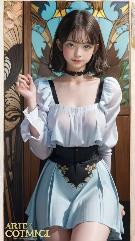 Emma Myers,  absurd,  best quality , 1 girl, Alone, Black and brown hair,  choker, ( art nouveau style poster:1.25),  ( magazine cover ),  watch viewers , Intense Perspectives , Playing with the camera,  seductive smile,  seductive look、 twin tails、