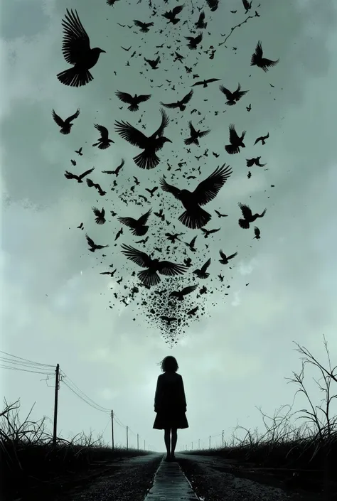 shadow of a girl standing, an unusual number of flying crows covering everywhere dynamically and 3dimentionally.The sky is filled with so many crows. inspired by the Hitchcock's film\(The Birds\),simplism,minimalism.fisheye lens,horror mood