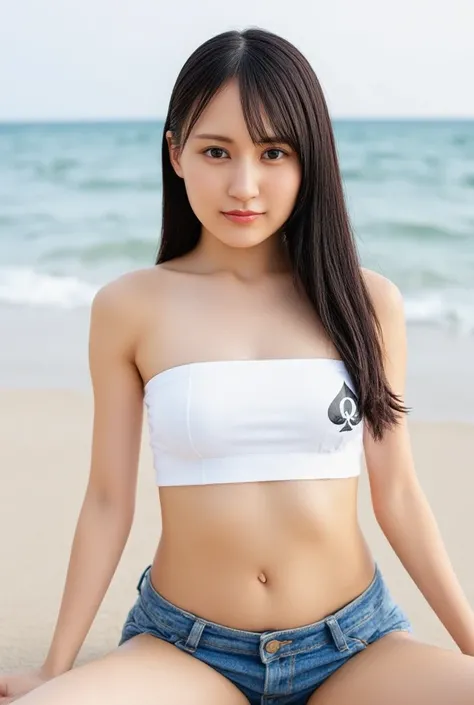 High Resolution, High Quality, High Detail, Masterpiece, Top Quality , (((( dark brown hair 20yo Japanese girls idol ,  at beach ,チューブトップブラ , デニムのショートパンツ)))) ,((( huge tits ))) , (((( Queen of spades tattoo on the décolleté.)))) , (( smile , spread legs , ...