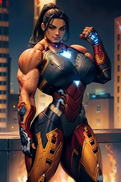 ((Close-up)), tall, (jet black hair), beautiful muscular woman, wavy ponytail, brown skinned, closed smile, large breast, (black lipstick), (massive muscles), (hyper muscle), ((ginormous bulky muscles)), white eyes, (((sleeveless black iron man suit with i...