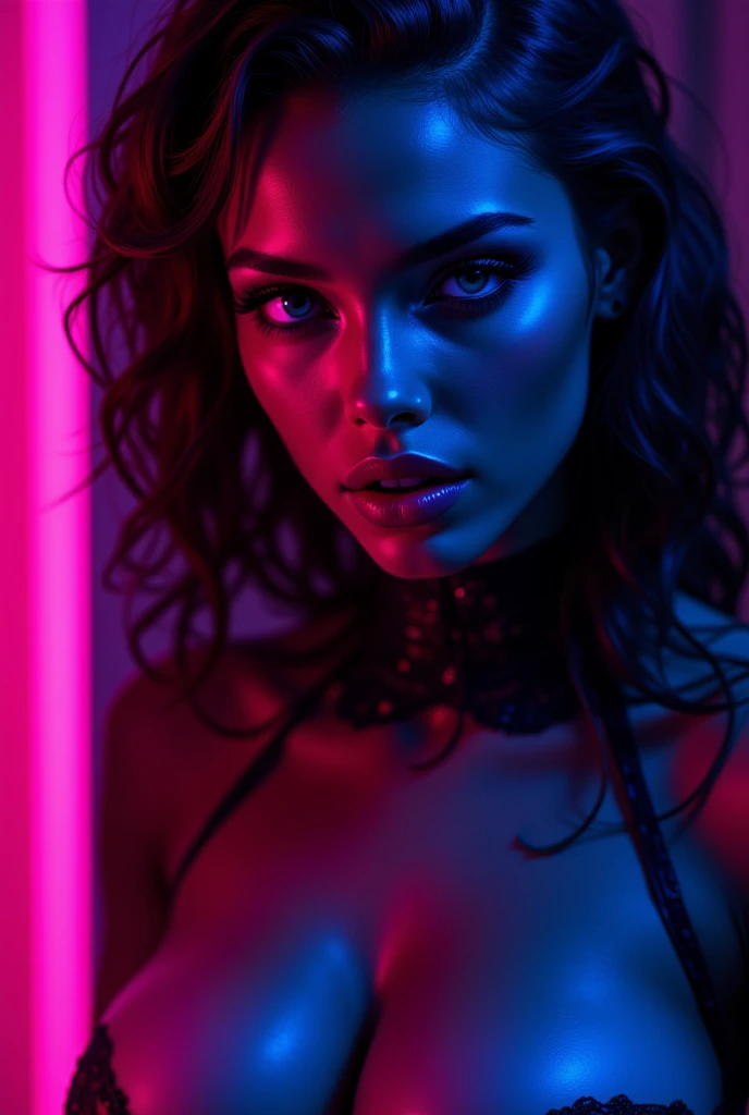 This image is a digital artwork in a hyper-realistic style, featuring a close-up of a woman's face and upper torso. The woman's skin has a smooth, glossy texture with a deep black hue, creating a striking contrast against the vibrant neon lights that illum...