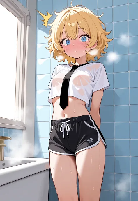 ,masterpiece, best quality , High Resolution , very detailed on trends、short messy hair、 (blonde hair), blue eyes, white cropped shirt, black tie, black dolphin shorts, no bra, surprised, sweating, steam, immense blushing, Small girl, Small Breasts (A-Cup)...