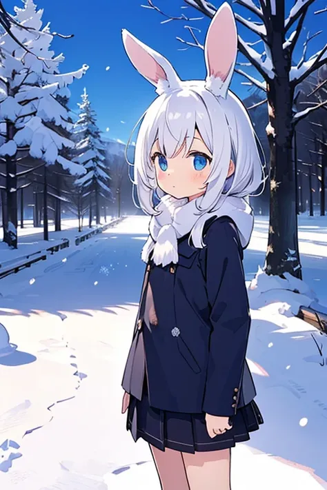 kemono, rabbit woman, cute girl, innocent look, snow clothes and short skirt, innocent, snow, winter, her appearance blending with the environment, flat ilumination