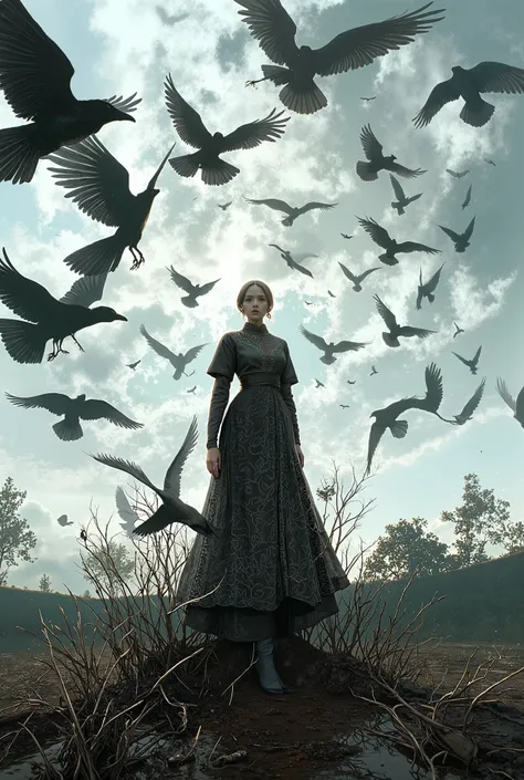  a women standing, an unusual number of flying crows covering everywhere dynamically and 3dimentionally. wearing baju kebaya with batik sarung. The sky is filled with so many crows. ,simplism,minimalism.fisheye lens,horror mood