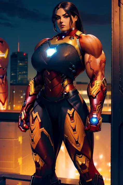 ((Close-up)), tall, (black hair), beautiful muscular woman, long hair, black skin, closed smile, large breast, (black lipstick), (massive muscles), (hyper muscle), ((ginormous bulky muscles)), orange eyes, (((sleeveless black iron man suit with iron man pa...