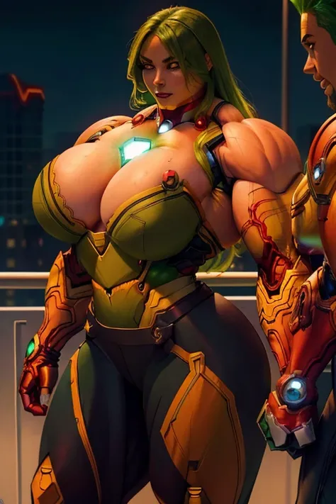 ((Close-up)), tall, (green hair), beautiful muscular woman, long curvy hair, black skin, closed smile, large breast, (black lipstick), (massive muscles), (hyper muscle), ((ginormous bulky muscles)), orange eyes, (((sleeveless green iron man suit with iron ...