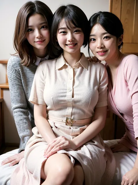 ( high definition)、( High Quality )、( short hair as left eye)、(tight, short-sleeved dress)、(Collared dress)、( two Japanese girls :1.2)、( bed)、(Big Breasts)、(smile)