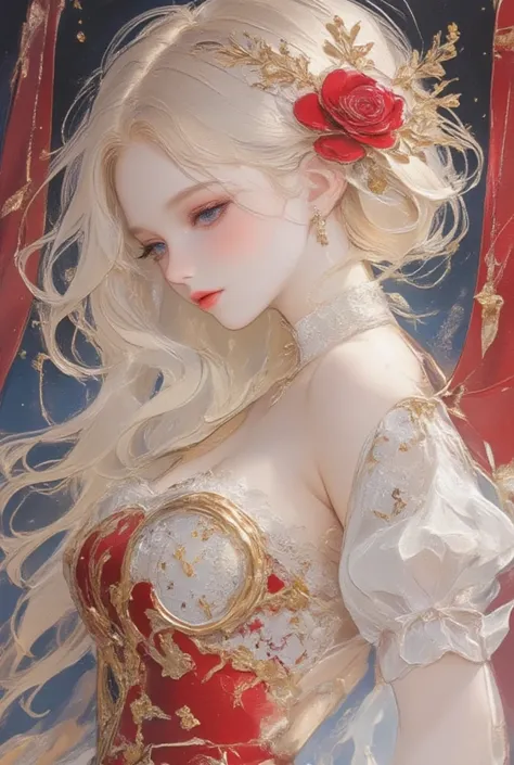 A world where everything is crimson, a beautiful woman dressed in a dress and behaving gracefully and elegantly, a Romanesque dress, a Romanesque worldview, wonderland, various effects. 
fusion of clockpunk, steampunk and dieselpunk. 
fusion of watercolor,...