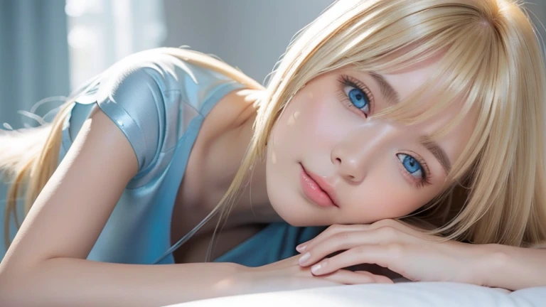 Unparalleled beauty、Beautiful innocent face 、 lie down、 shiny, radiant, firm and shiny skin 、目と目の間のbangs、 Shiny Straight Beautiful Platinum Blonde、 super long straight silky hair 、Beautiful 、Big beautiful very bright Renelle ice blue eyes、 beautiful and lo...