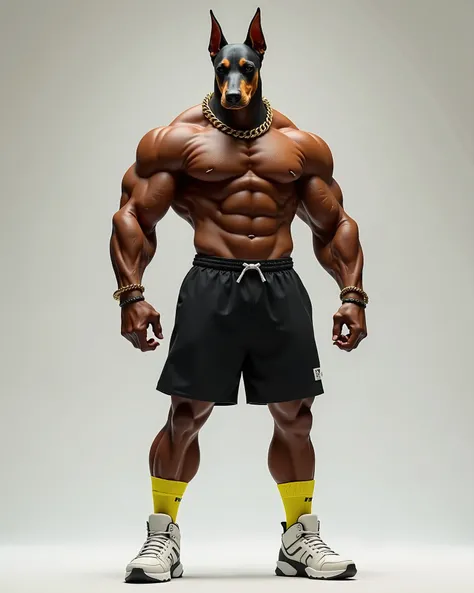 chien musclé, race doberman. forme humaine, short de sport noir et une grosse chaine en or, des baskets hautes blanches et des chaussettes hautes jaunes..