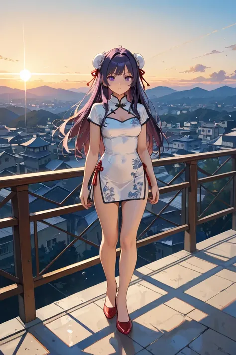 ( Alone  :1.3),1 girl\(Shampoo,  anime characters\( Horse 1  /2\),beautiful, sexy ,  style long hair,  looking at the spectator, blows, simple bottom,  hair accessories , white bottom, dress,    purple eyes,  Full body ,  cabello morado , caCampaigno , GOO...