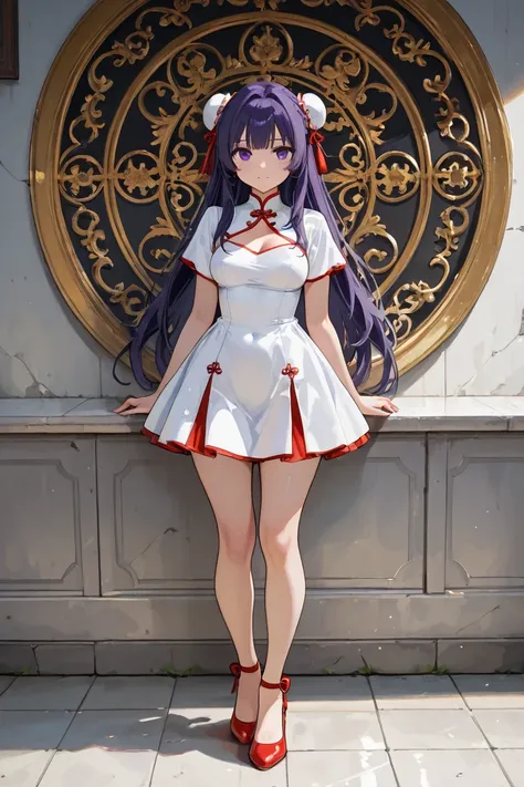 ( Alone  :1.3),1 girl\(Shampoo,  anime characters\( Horse 1  /2\),beautiful, sexy ,  style long hair,  looking at the spectator, blows, simple bottom,  hair accessories , white bottom, dress,    purple eyes,  Full body ,  cabello morado , caCampaigno , GOO...