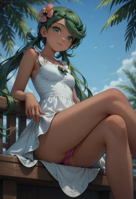 score_9, score_8_up, score_7_up, 1girl, solo, beautiful waifu, thicc, Mallow \(pokemon\),long hair, bangs, hair ornament, twintails, big green eyes, flower, green hair, hair flower, dark skin, dark-skinned female, swept bangs, wearing ( White dress with sh...