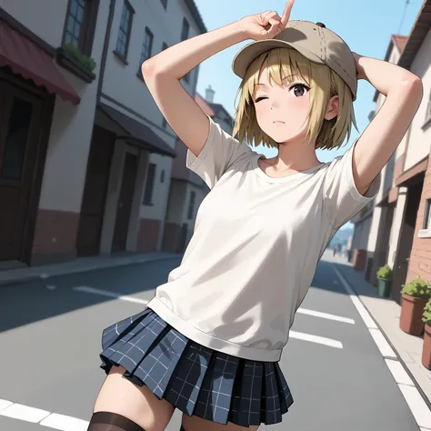 rating_questionable,
(cowboy shot), dutch angle, from lower,
1girl, solo,
ash blonde hair, short bob cut, asymmetrical hair, black eyes,
wearing a beige Cropped Jacket, (deerstalker hat), white solid undershirt, checkered mini skirt, thighhighs, detailed c...