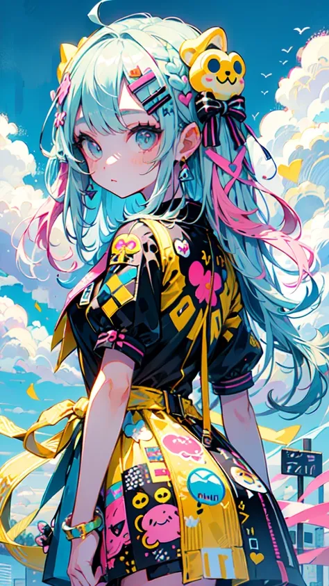 "cute, beautiful, Adorable girl dressed in pink, yellow, and baby blue color scheme. She wears sky-themed clothing with clouds and sky motifs...  Her outfit is fluffy and soft , With decorative accessories such as hair clips. She embodies a vibrant and mod...