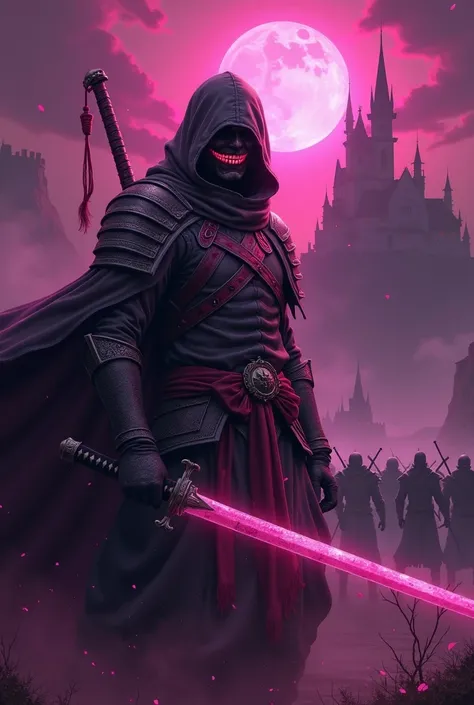 Evil duelist with magenta coloring and a katana. Add a under world back ground and a small army in the back ground. Put an evil magenta grin on the character and a dark fantasy castle in the top middle. Add magenta details on the armor. Add a hood and a ma...