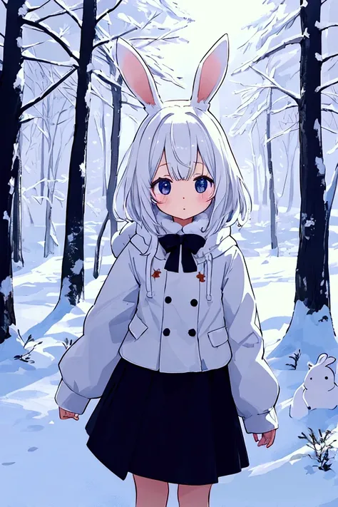 kemono, rabbit woman, cute aspect, innocent face, white medium hair, snow clothes and short skirt, innocent, snow, snowy forest, winter, flat ilumination