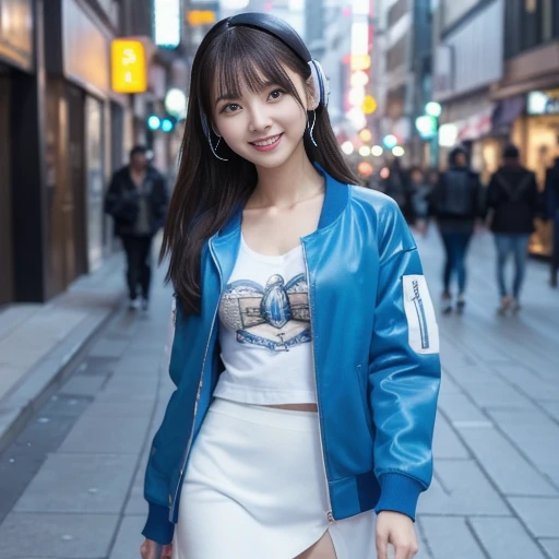 Woman walking through downtown listening to music with headphones, layered clothing style, full body fashion drawing combining blue varsity jacket with white t-shirt, skirt and sandals, front view, bustling city background with glittering neon lights and l...