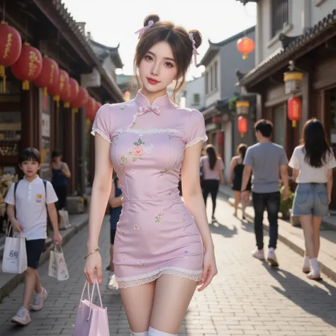 "A full-body view of a young age girl, around 16-, in a modern Chinese-inspired outfit, standing on a lively street. Her soft white skin glows with a healthy and flawless complexion, and her expression is cheerful and innocent, with large sparkling eyes an...