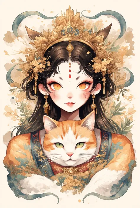 can you draw me an illustration ink tattoo that is aesthetically inspired by Japanese and East Asian art styles? a woman with brown hair and brown eyes, a white-faced orange tabby cat with green eyes, add a spider lilly to the drawing and have the cat's ta...