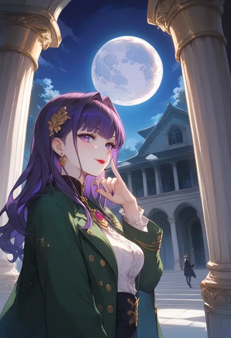  young, bewitching beauty who lazily blows a smoke tube 。 long hair with a purple inner color 。 wearing a dark green coat over her shoulder while leaning against a pillar on the veranda {x} wearing a dark green coat over her shoulders。 enjoying moonshine w...