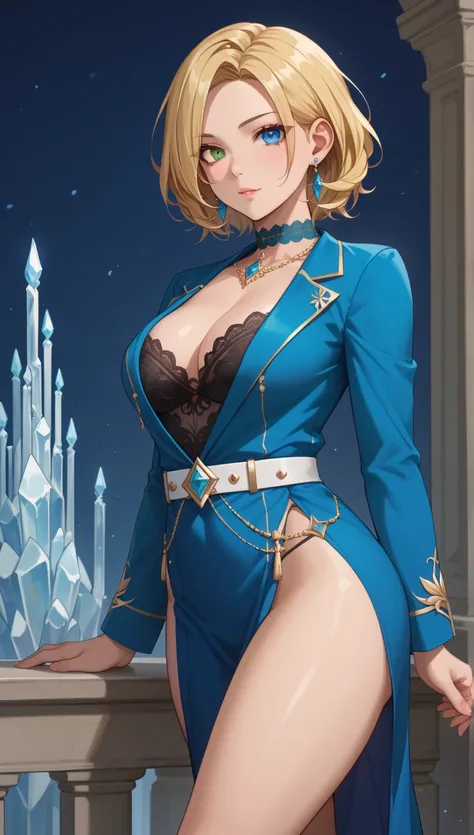 solo、 1 woman 、Beauty、Blonde、 bob hair、 straight、Sideburns、 Center-Parted Bangs、using an elegant belt, expressive hair 、Silky Hair、 round eyes、 blue eyes、Shining Eyes、Eye Reflexes、lengerie boobs, textured skin、open shirt, medium breasts、 slim、 thighs legs,...