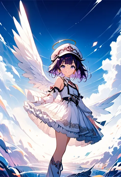 score_9, score_8_up,score_7_up,source_anime,source_comic,source_illust,(sideview,looking at viewer),piece sign ,model pose,fullbody:0.6,(purple color pixie cut),blunt bangs,smile,(White veil, white frilly cute dress), (with angel wings),(Complete Anatomy:1...