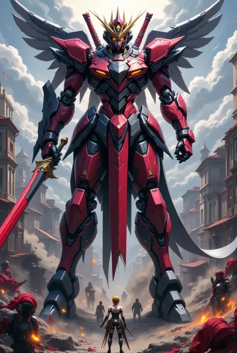 Giant robots in cities),(gundam_Barbatos ),( The background is a city in battle ),(dynamic),(Hold a large sword like a samurai),( bathed in oil like blood all over the body),(Shining Twin Eyes ),(dust:2.0),(Burning Fire:2.0),( detailed color),( more detail...