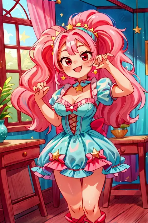 (masterpiece, best quality) standing, indoor, intricate detail, sunlight, aqua blue frill dress, red boots, pink hair with a high ponytail, smile face, red eyes, cute stars diadema, smiley and sexy expression, sexy pose, coquette, gorgeous legs, mature age...