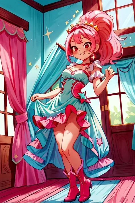 (masterpiece, best quality) standing, indoor, intricate detail, sunlight, aqua blue frill dress, red boots, pink hair with a high ponytail, smile face, red eyes, cute stars diadema, smiley and sexy expression, sexy pose, coquette, gorgeous legs, mature age...