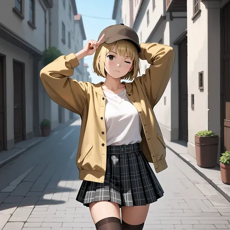 rating_questionable,
(cowboy shot), dutch angle, from lower,
1girl, solo,
ash blonde hair, short bob cut, asymmetrical hair, black eyes,
wearing a beige Cropped Jacket, (deerstalker hat), white solid undershirt, checkered mini skirt, thighhighs, detailed c...