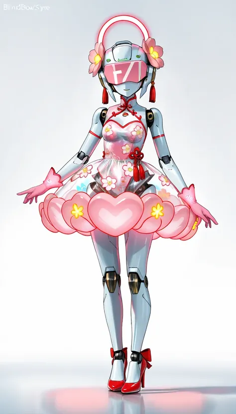 ( blind box toy style :1.2), full body, Alone,  white background,( transparent pink peach flower dress, Female robot wearing gloves and high heels ),(Chinese colors,Very colorful),  cyberpunk, Dreamy sparkle, Glowing neon lamp,3d