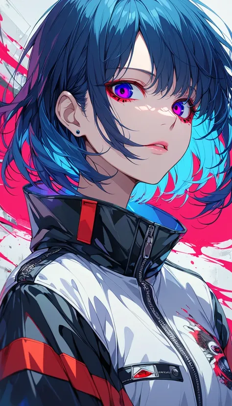 (Masterpiece,  Details, high resolution:1.4) ,  model shooting, close,   Details face, fine   Details eyes,, (Kirishima toka),Blue middle hair,Ghoul's Eye , retro jacket ,  Tokyo Ghoul , Retrofuturistic Backgrounds,  vibrant colors,  high resolution,, ,