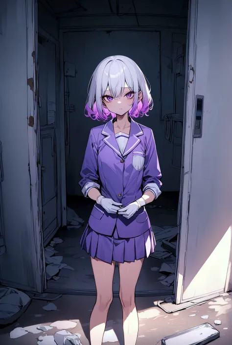 [high quality, best quality], 1girl, solo, dark room, abandoned hospital, operating room, white hair, neon purple hair, gradient hair, short hair, school uniform, looking at viewer, expressionless, arrogant, small breast, tall, 180cm tall, surgical gloves,...