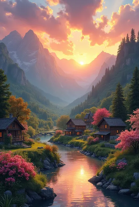 a small village by the river, mountains in the background, floral flowers colorful, detailed landscape, Beautiful natural landscapes, atmospheric lighting, scorching sunset, warm colours, practical, photopractical, Detailed Foliage, complex buildings, cobb...