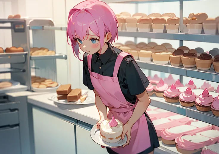 ((best quality)), ((1 pink short small flat chest girl)), ((adding frosting on a cake)), ((in a bakery)), ((wearing an apron)), ((looking down at the cake))