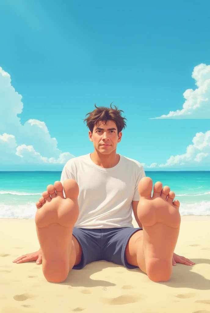 Can you draw me a pic of person sitting in the beach with big feet’s. 