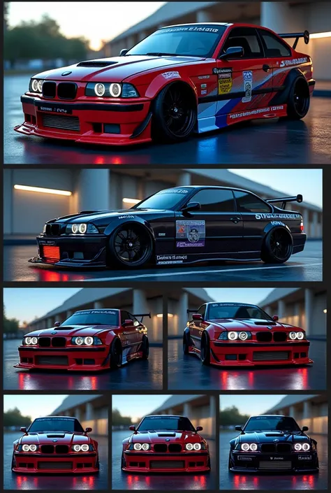  BMW E36 turbo tuning 9 photos with each side car cell with carbon spoiler lights red blue front bumper skate, windows with stickers still sideways chassis lowered to the ground  