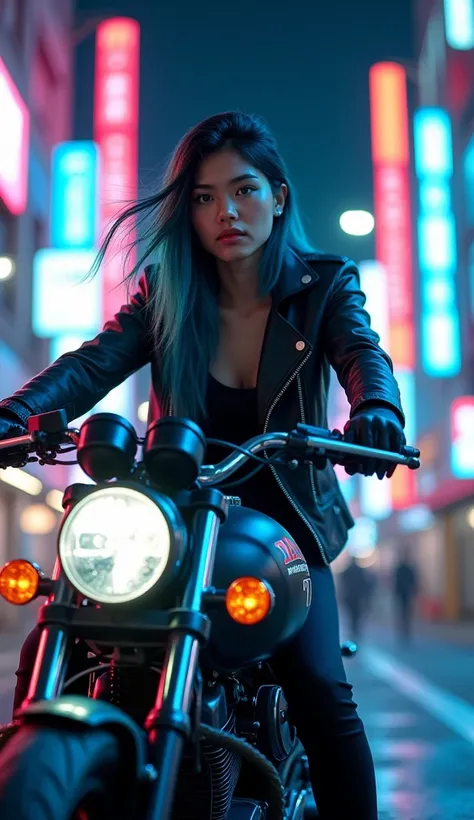  Urban Vibes
"The 18-year-old young girl with blue and white hair, her long azure blue locks streaked with black strands, rides her sleek motorcycle through a neon-lit city street. The vibrant lights reflect off the polished chrome of the bike, creating a ...