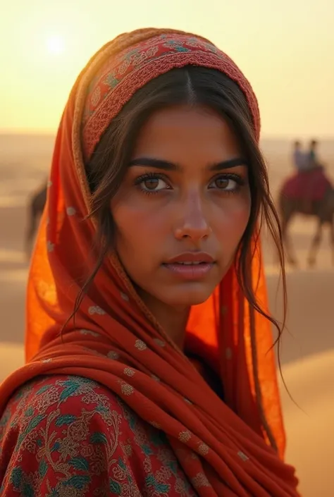 Indian rajasthani female head from front in desert and camels 