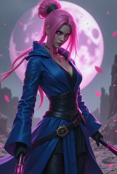 "Create an image of a fierce and powerful warrior that is a fusion of Sakura Haruno from Naruto and Kitana from Mortal Kombat. She has Sakura's iconic pink hair, but styled in a more majestic and elegant way, paired with Kitana's royal blue and black battl...