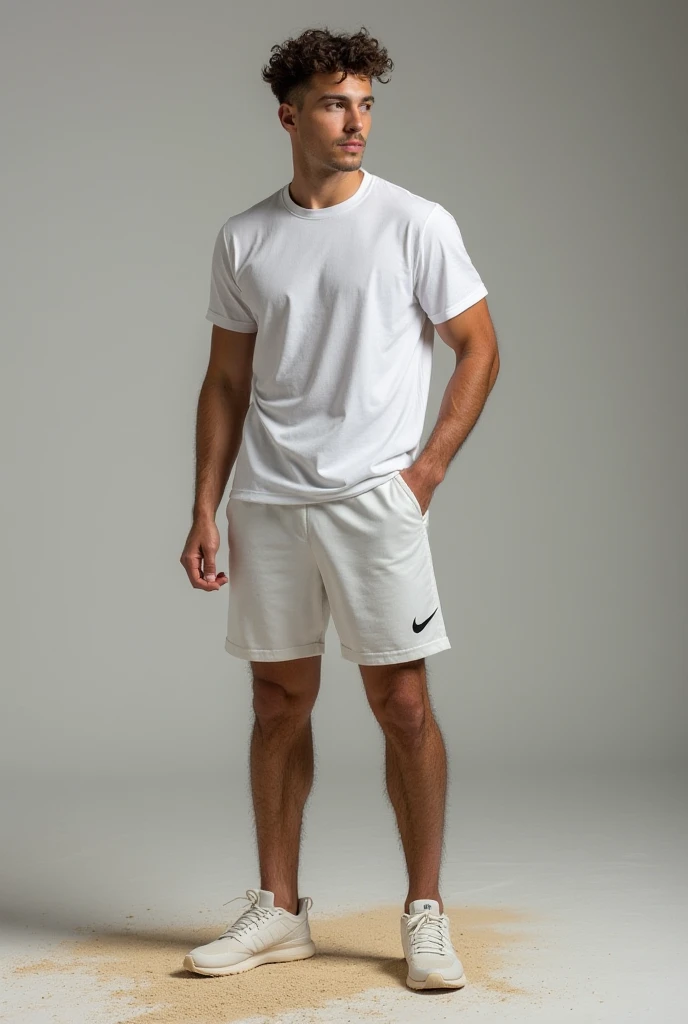 Un jeune homme sportif, le torse poilue et en sueur, en short  et Nike presto poussiéreuses, debout sur un teeshirt blanc. Les pieds sur le teeshirt blanc,  saccagé et souillé de poussière. Il nous regarde avec arrongance.