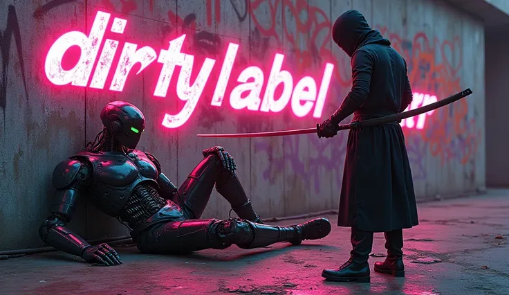 Cyberpunk robot without a head lies on the floor next to a ninja with a sword Bright graffiti word DIRTYLABEL 